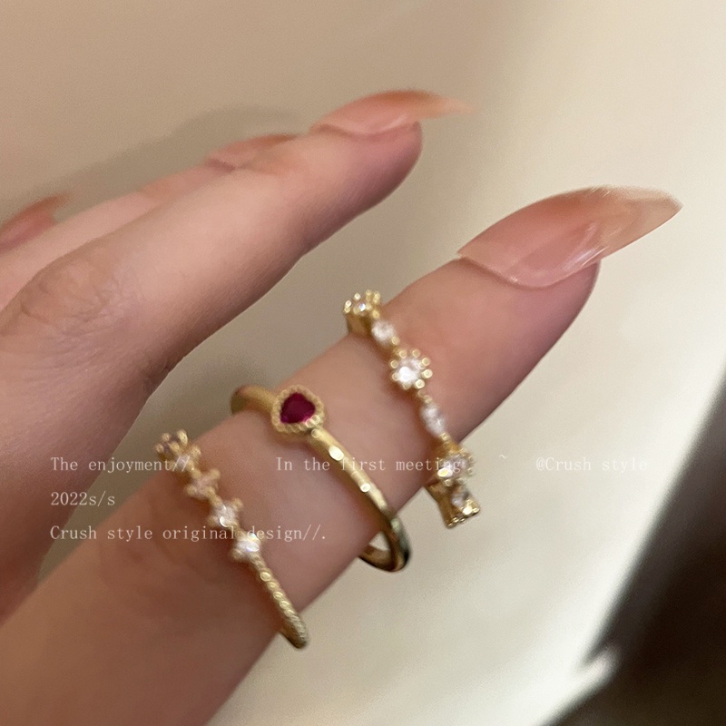 3pcs/set Retro Hati Permata Cincin Set Kristal Emas Cincin Untuk Aksesoris Perhiasan Wanita