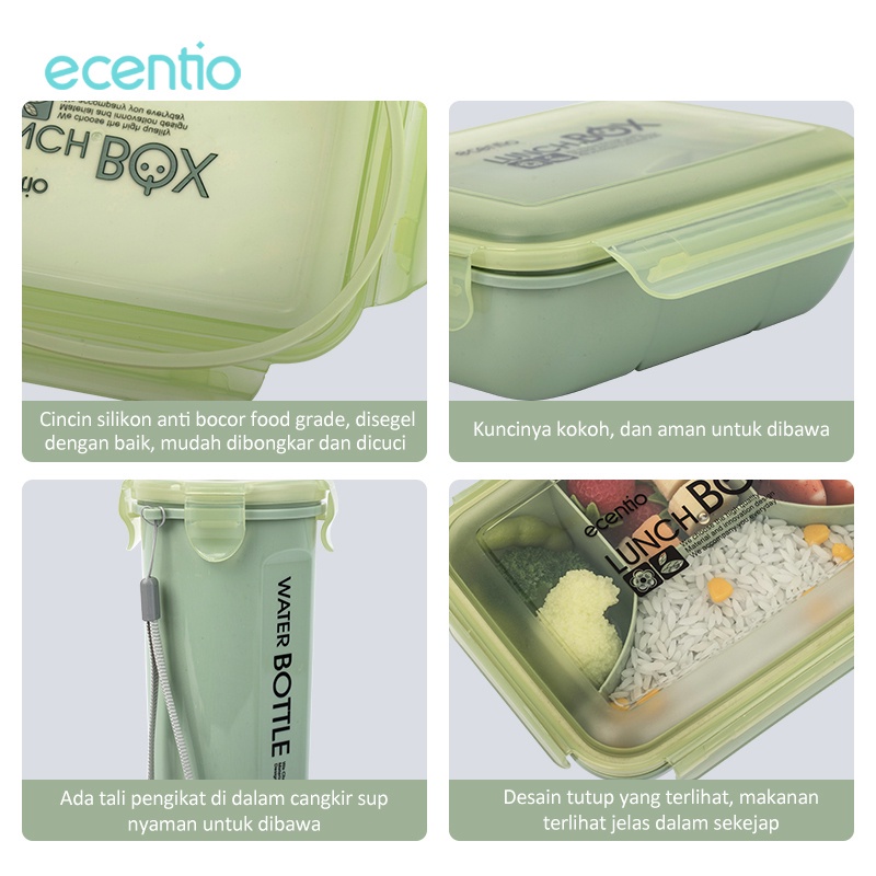 ecentio 4 Grid tempat bekal lunch box makan dan tempat minum anak kotak makan anti tumpah free sendok box 1100ml cangkir 500ml