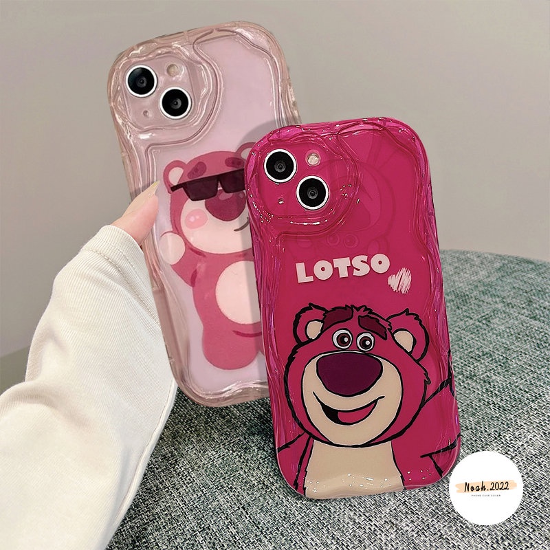 IPHONE Kartun Manyo Keren Strawberry Bear Memakai Sunglasse Case Kompatibel Untuk Iphone11 12 XR 7 8 6s 6 Plus 13 14 Pro Max X XS Max SE 3D Wavy Curved Edge Glossy Shockproof Soft Cover