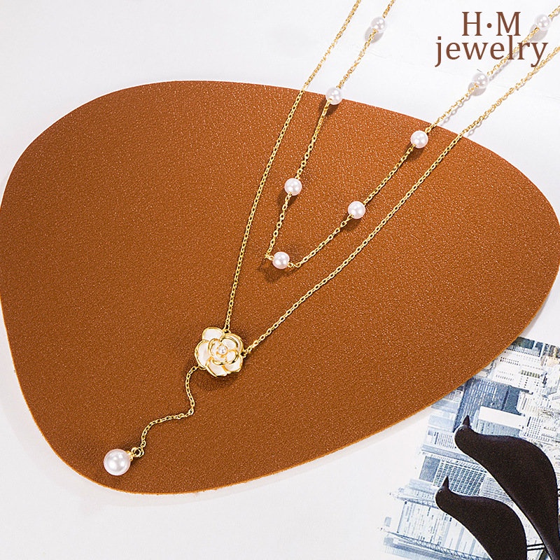 S925 Perak Baru Camelia Mutiara Kalung Rumbai Double Layer Twin Ornament