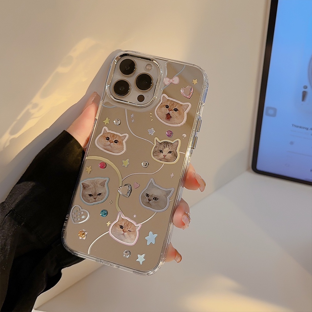 IPHONE Cute Kitten Cat Heads Emoji Phone Makeup Mirror Case Penutup Pelindung Dengan Manik-Manik Berlian Imitasi Berwarna Untuk Iphone11 12 13 14 PRO MAX