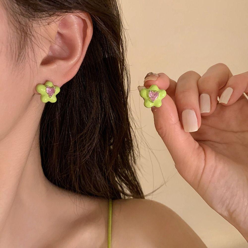 Rebuy Korea Anting Hati Mawar Merah Trendi Pernikahan Y2K Elegan Manis Berlian Imitasi Sederhana Anting Bunga