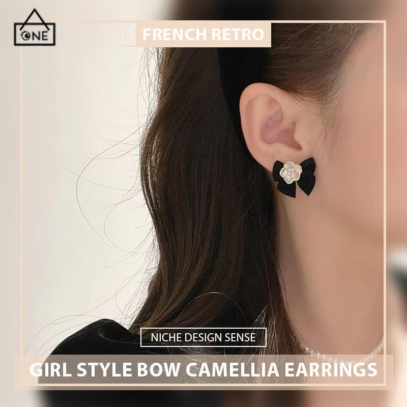 COD❤️Anting bunga Camelia Korea anting busur Vintage Prancis anting premium desain untuk wanita-A.one