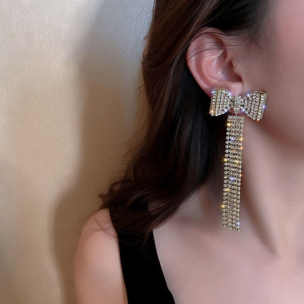 Mxbeauty Wanita Drop Anting Elegan Pesona Indah Panjang Rumbai Gadis Hadiah Busur-Simpul Berlian Imitasi Temperamen Gaya Korea Menjuntai Anting-Anting
