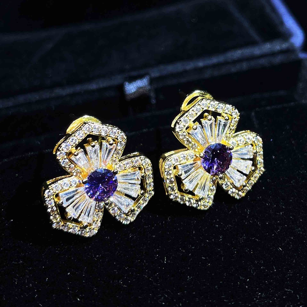 Goldkingdom Aksesoris Perhiasan Fashion Ready Stock, Anting Semanggi Dengan Berlian Bertabur Mikro, Anting Dan Anting Emas Super Berkilau