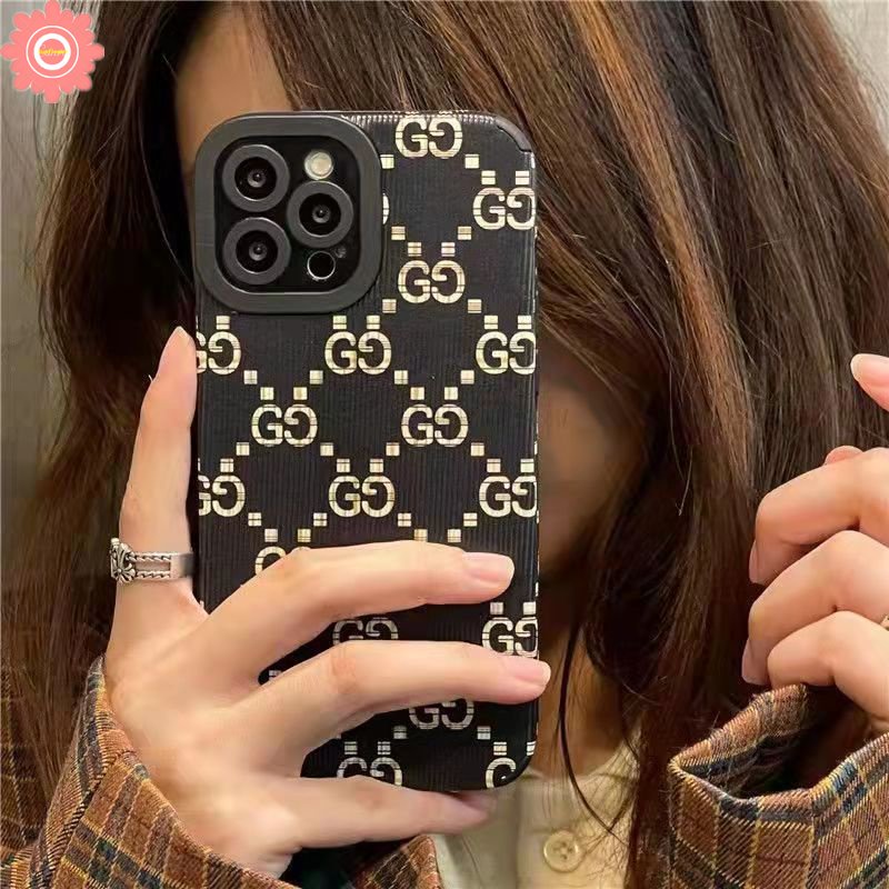 IPHONE Casing Silicon Lembut Merek Trendi Kompatibel Untuk Iphone7 8 Plus XR 11 12 13 14 Pro MAX X XS MAX 7Plus 8Plus Casing Tekstur Kulit Mewah Shockproof Phone Cover