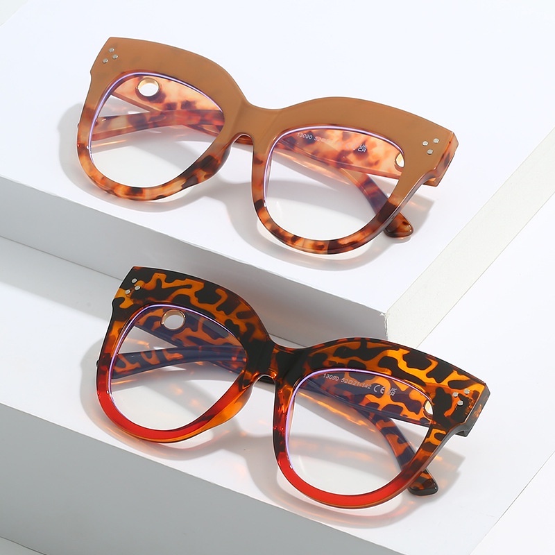 (YUZHU) Vintage Fashion Leopard Anti Cahaya Biru Kacamata Mode Barat Oversized Frame Dua Warna Eyeglasses