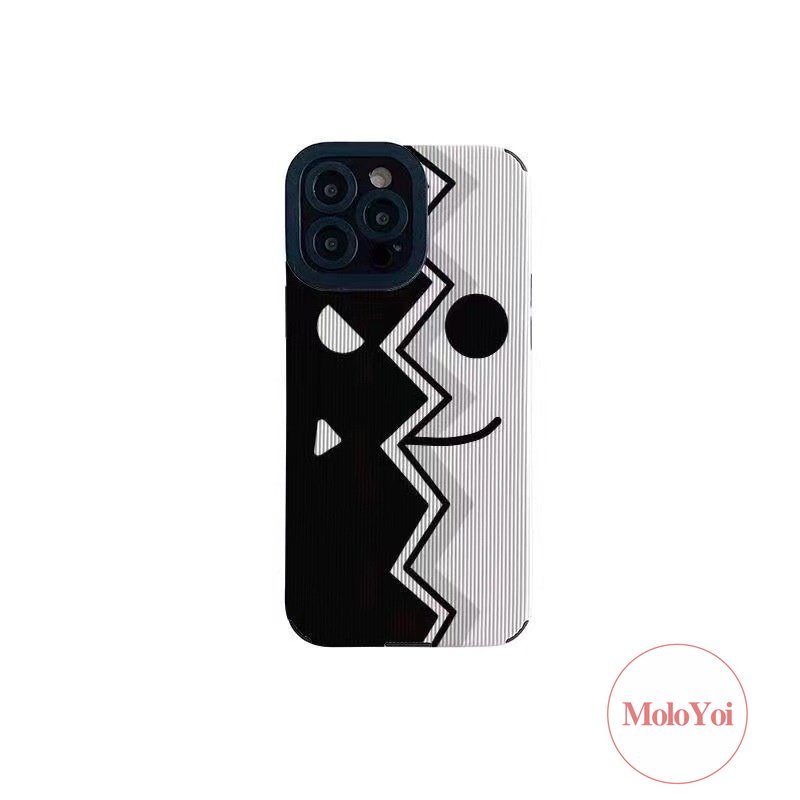 IPHONE Kartun Lucu Kreatif Setan Hitam Dan Putih Wajah Kembali Case Kompatibel Untuk Iphone11 13 14 12 Pro Max7 8 Plus XR XS X MAX 7Plus Tekstur Kulit Mewah Lembut Silikon Ponsel Cover