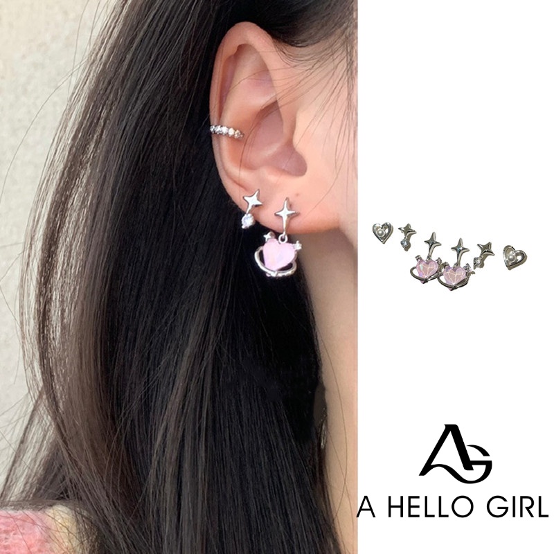 Ahellohirl Desain Niche Korea Pink Berbentuk Hati Enam Potong Set Anting Feminim Dan Serbaguna. Grosir Anting Dan Giwang Baru