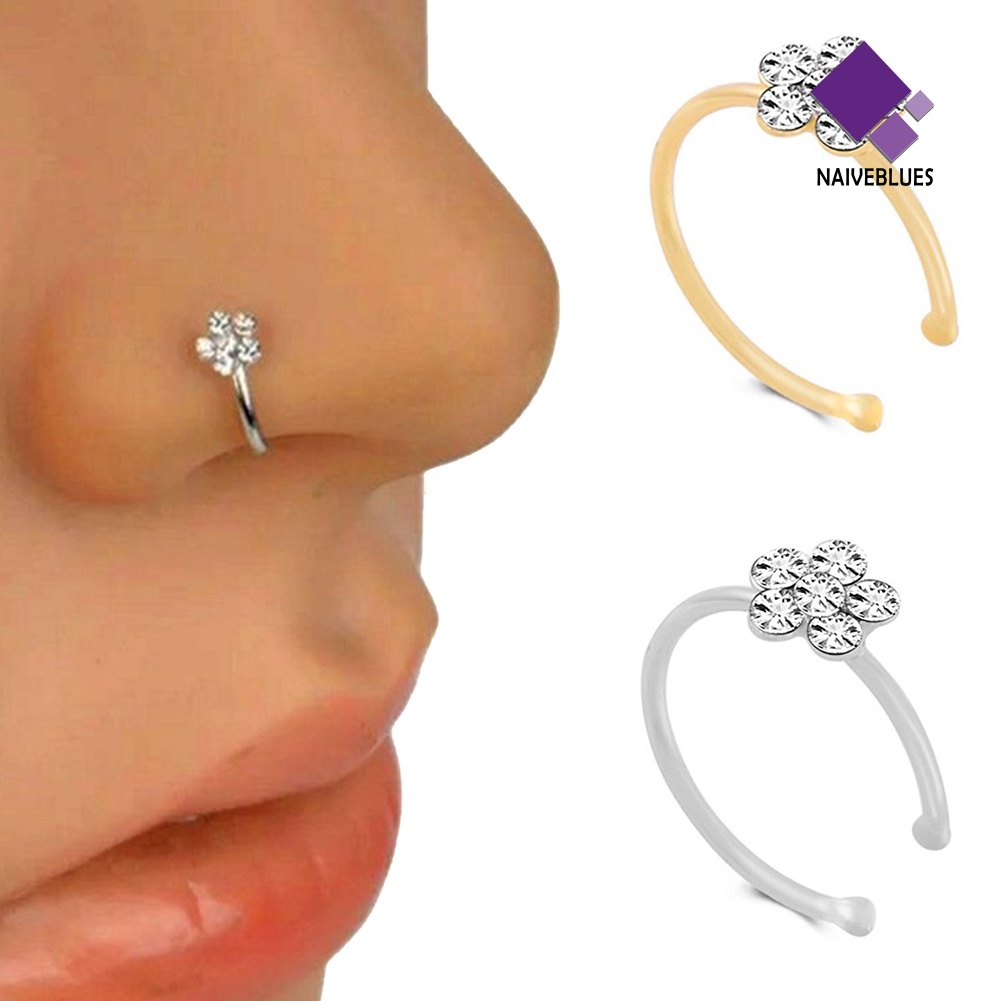 &lt; Naiveblues &gt; 1Pc Wanita Berlian Imitasi Hias Plum Blossom Hidung Hoop Ring Piercing