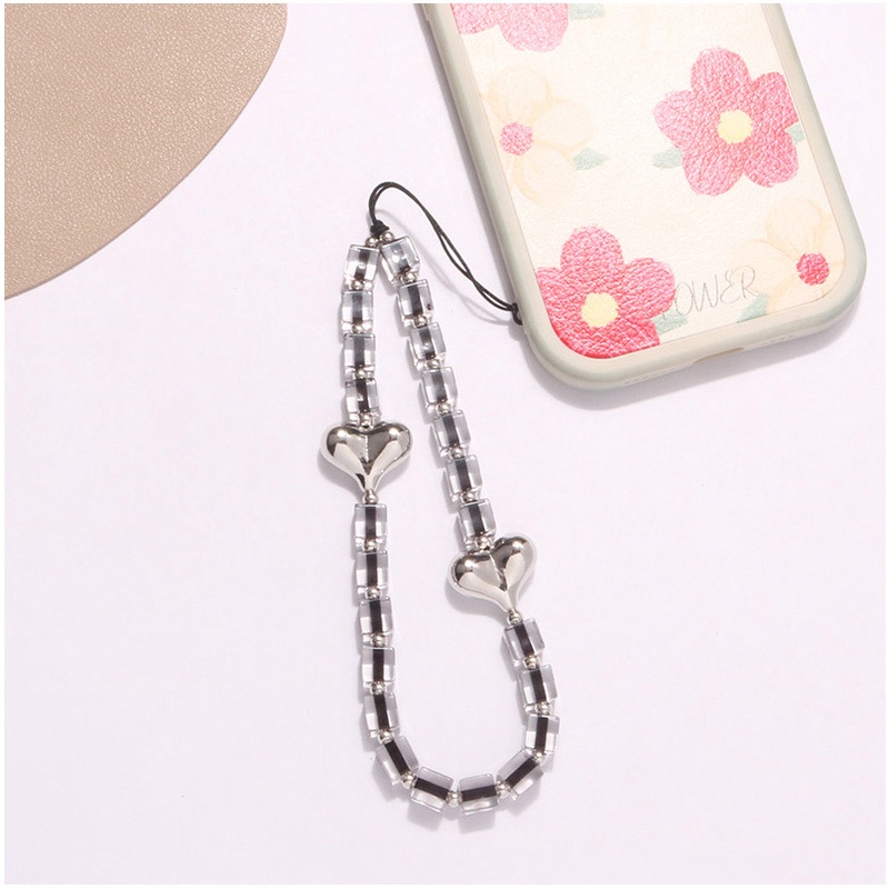 Electroplated Metal Color Love Heart Beads Acrylic Cube Beaded Anti-lost Chain Untuk iPhone Untuk Samsung Untuk OPPO Untuk VIVO Untuk Huawei Untuk Redmi Untuk Xiaomi Phone Case Cover Phone Strap