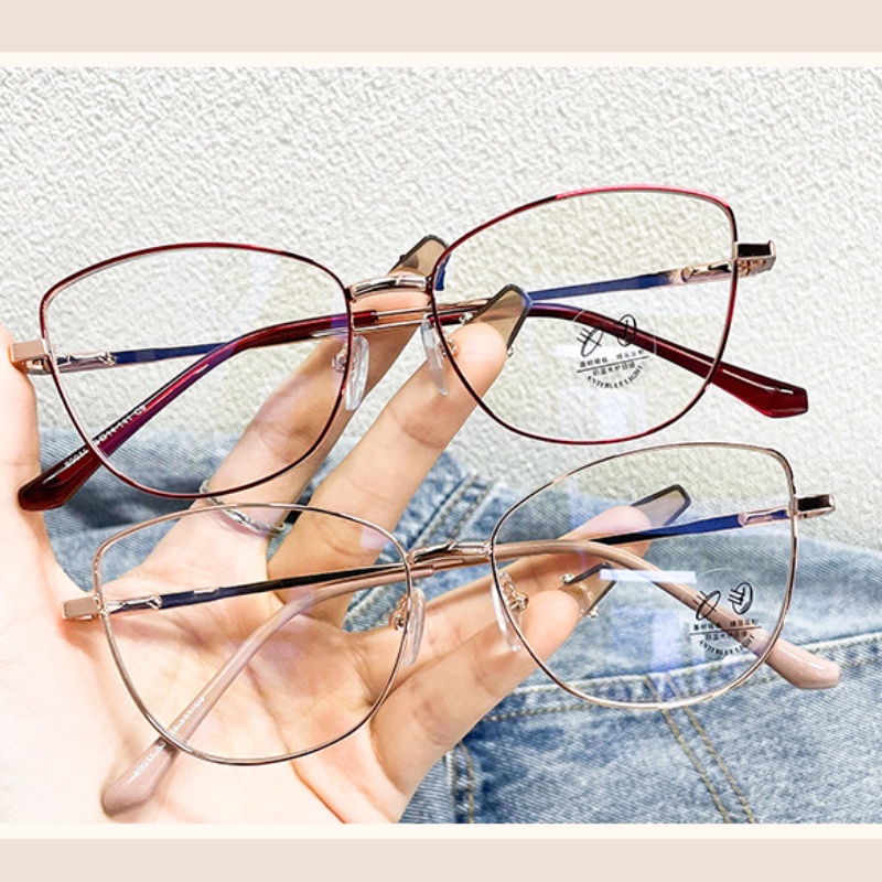 (YUZHU) Vintage Fashion Metal Cat Eye Eyeglasses Lensa Yang Dapat Diganti Kacamata Bingkai Kecil Untuk Wanita