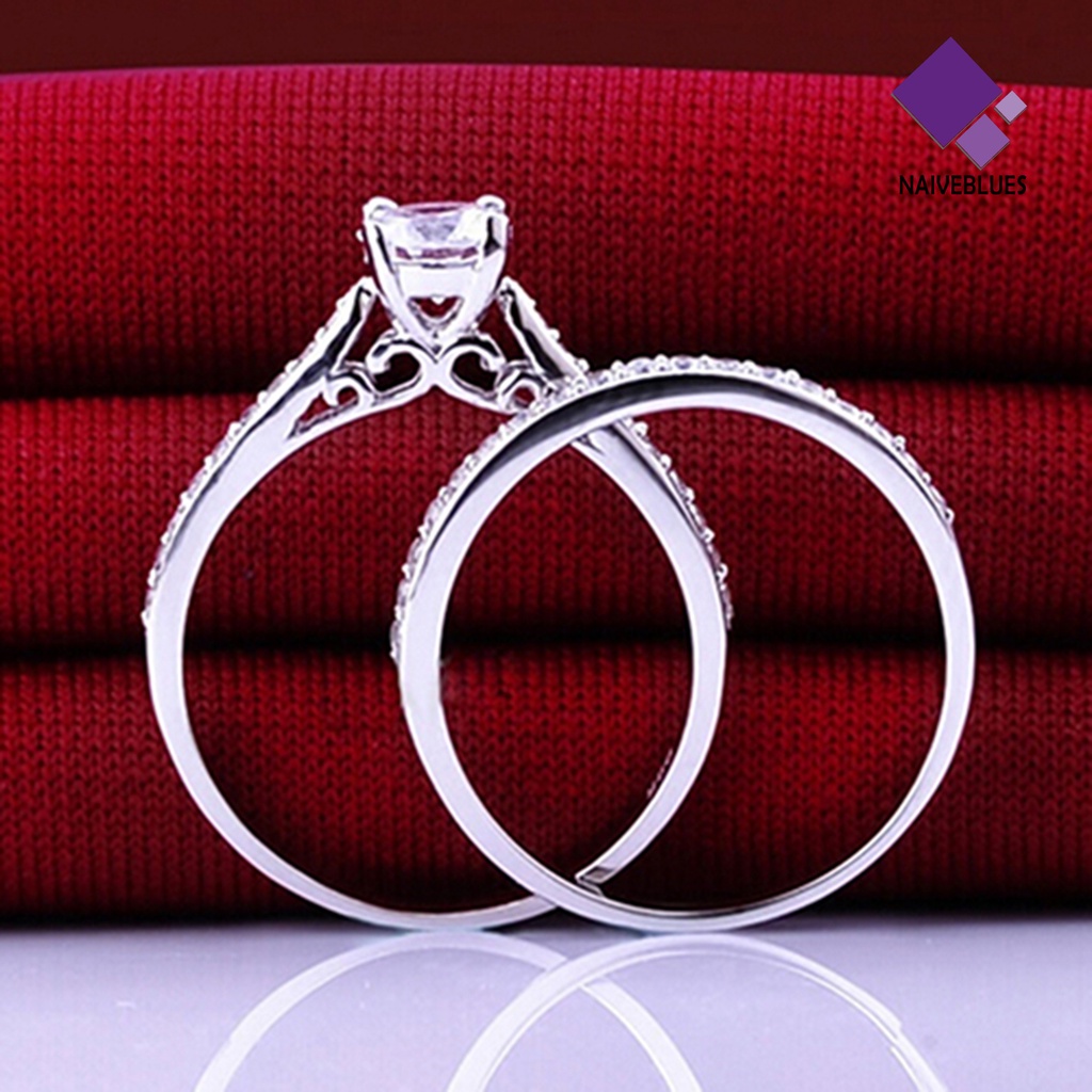 &lt; Naiveblues &gt; 2Pcs/Set Cincin Shiny Cubic Zirconia Plated Silver Cincin Pasangan Romantis Untuk