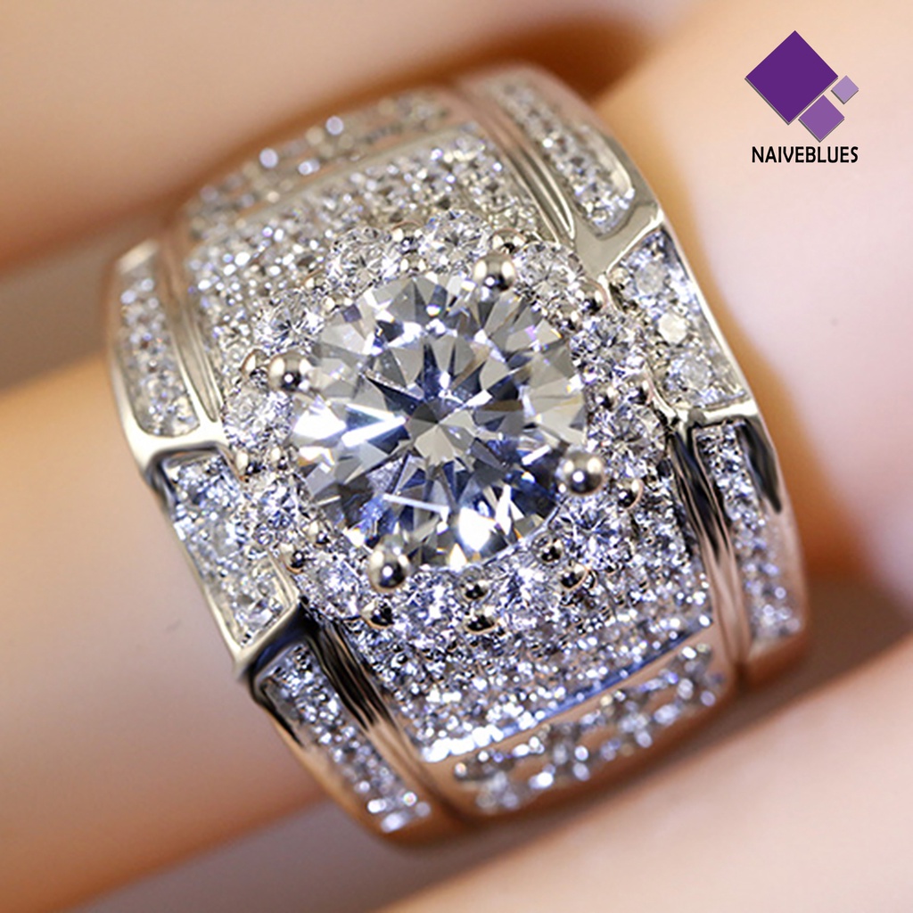 &lt; Naiveblues &gt; Fashion Pria Berlian Imitasi Berlapis Perak Pertunangan Pernikahan Jari Cincin