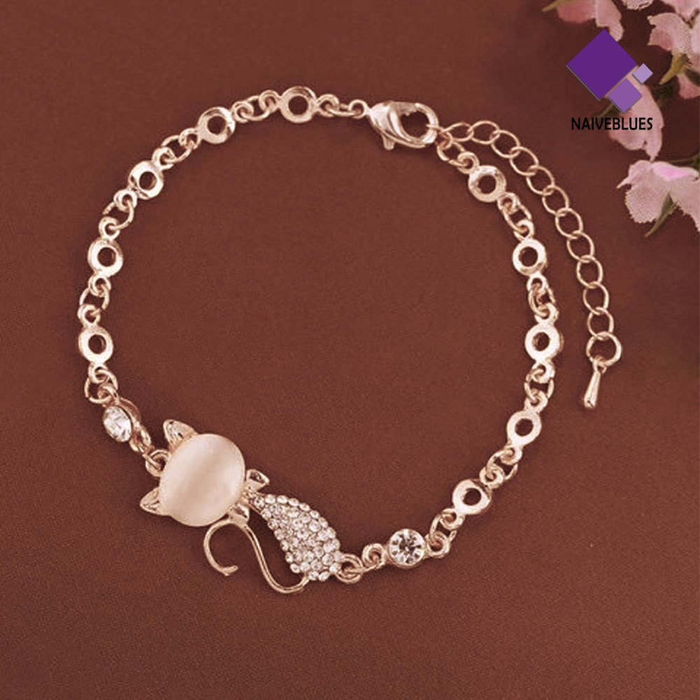 &lt; Naiveblues &gt; Fashion Bentuk Kucing Imitasi Opal Berlian Imitasi Hias Pesona Lady Gelang Perhiasan