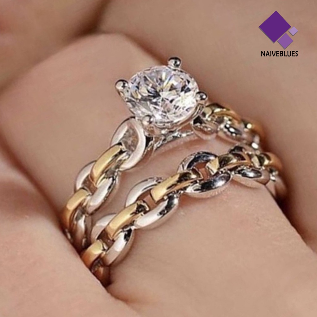 &lt; Naiveblues &gt; 2Pcs/Set Rantai Permukaan Halus Pernikahan Band Alloy Two-tone Berlian Imitasi Rings Charm