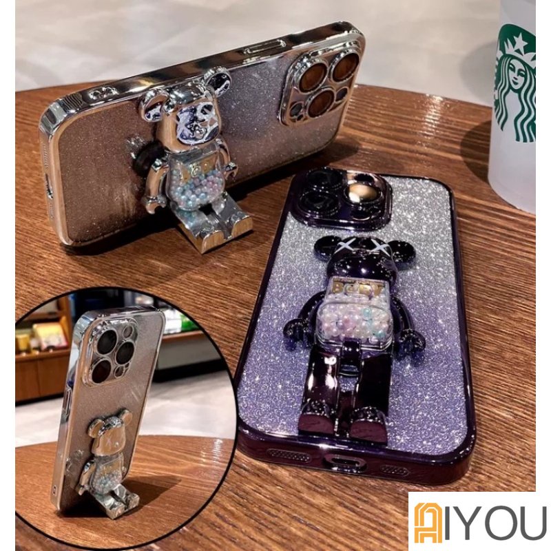 IPHONE Kartun Lucu Beruang Gradien Glitter Violence Bear Stand Plating Case Case Untuk Iphone14 13 12 Pro Max11Xxxr Xs8 7 Plus