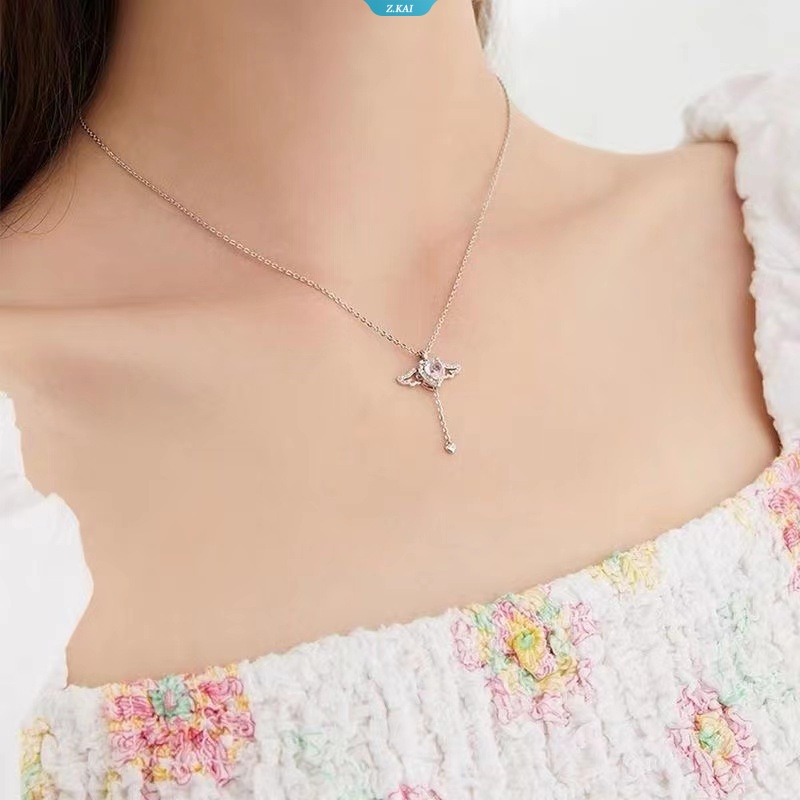 Cupid Kalung Hati Wanita Zirkon Merah Muda Romantis Aesthetics Choker Peri Tritone Aksesoris Hadiah Hari Valentine Perhiasan [ZK]