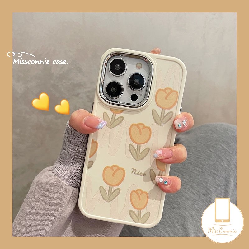 IPHONE Casing Ponsel Bingkai Lensa Logam Electroplate Kompatibel Untuk Iphone11 Pro MAX XR 7plus 14 12 13 Pro MAX X7 8 Plus XS MAX Bunga Tulip Segar Shockproof Lembut TPU Penutup Belakang