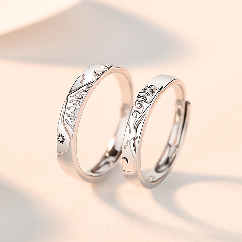 Shanmeng Sea Oath Couple Ring Sterling Silver Pria Wanita Sepasang Niche Desain Lingkaran Polos Matahari Bulan Pasangan Cincin Hadiah