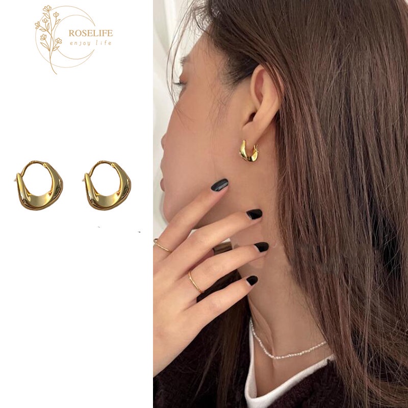 Roselife Korea Desain Khusus 14 K Emas Tidak Teratur Chunky Hoop Earrings Untuk Wanita Gadis Chic Geometris Bulat Anting-Anting Hypoallergenic Pertunangan Makan Pesta Telinga Perhiasan Aksesoris