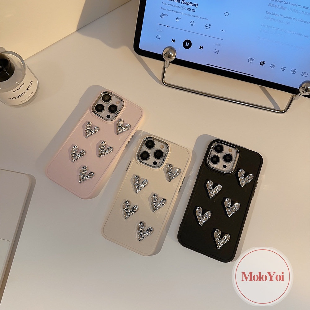 IPHONE Casing Persegi Plating Cinta Hati 3D Kompatibel Untuk Iphone11 13 14 12 Pro MAX 7Plus XR X 8Plus XS MAX Mewah Mode Canggih Sederhana Warna Solid Macaron Warna Permen Lembut Ponsel Cover