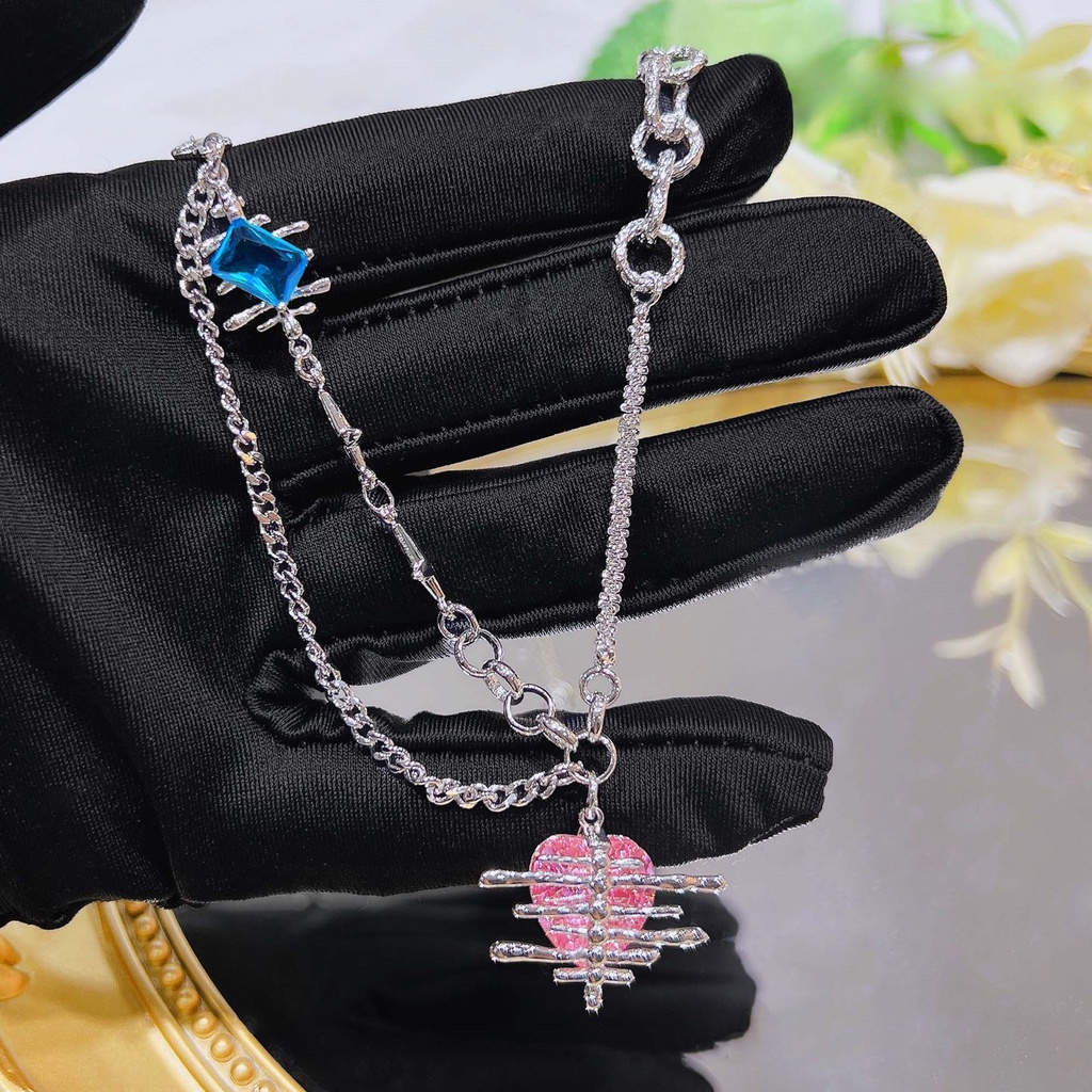 Goldkingdom Fashion Perhiasan Aksesoris Ready Stock Pribadi Disambung Tulang Ikan Kalung Manis Keren Rantai Pink Berlian Berbentuk Hati Anting-Anting