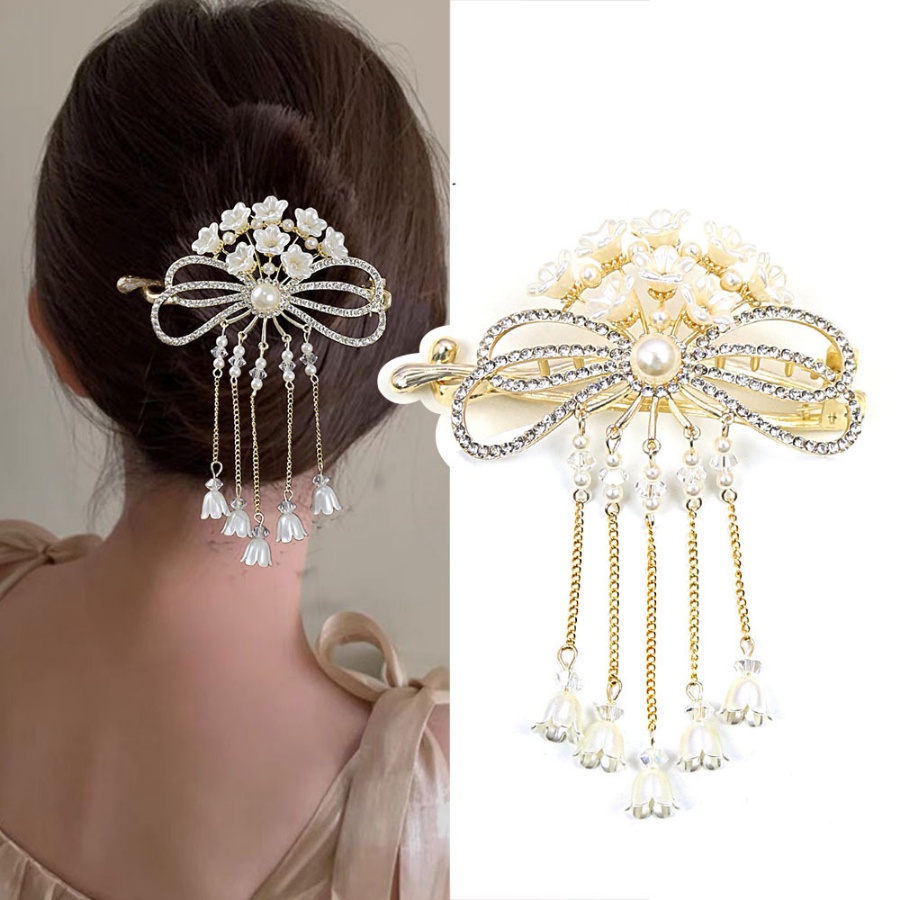 Korea Berlian Imitasi Mutiara Bunga Rambut Klip Manik-Manik Kristal Rantai Rumbai Jepit Rambut Clamp Woman Hair Accessories