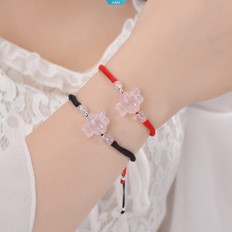 Baru Alami Pink Kristal My Melody Merah/Hitam Tali Gelang Desain Membawa Keberuntungan Wanita Giok Manik-Manik Perhiasan Perempuan [ZK]