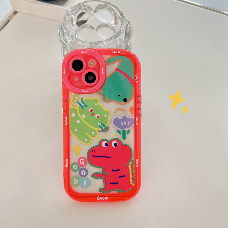 【Fluorescence Case】All New Air Bag Independent Buttons Soft Case IPhone 11 12 13 14 Pro Max Women Girl Fashion Cute Pink Red Little Dinosaur