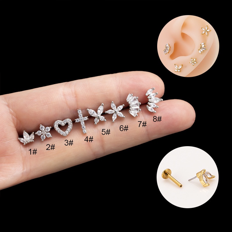 1biji Jantung Kupu-Kupu Mahkota Squre Bentuk Telinga Tragus Helix 16Gauge Piercing Kepala Datar Labret Lip Stud 16Gauge