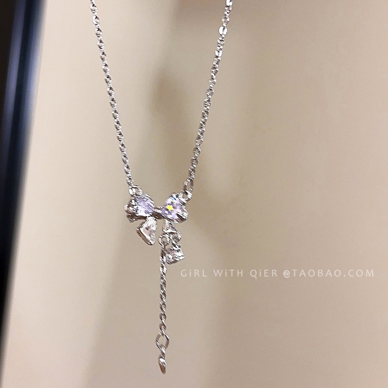 Bow Necklace Kalung Liontin Kupu-Kupu Kristal Perak Untuk Aksesoris Perhiasan Fashion Wanita