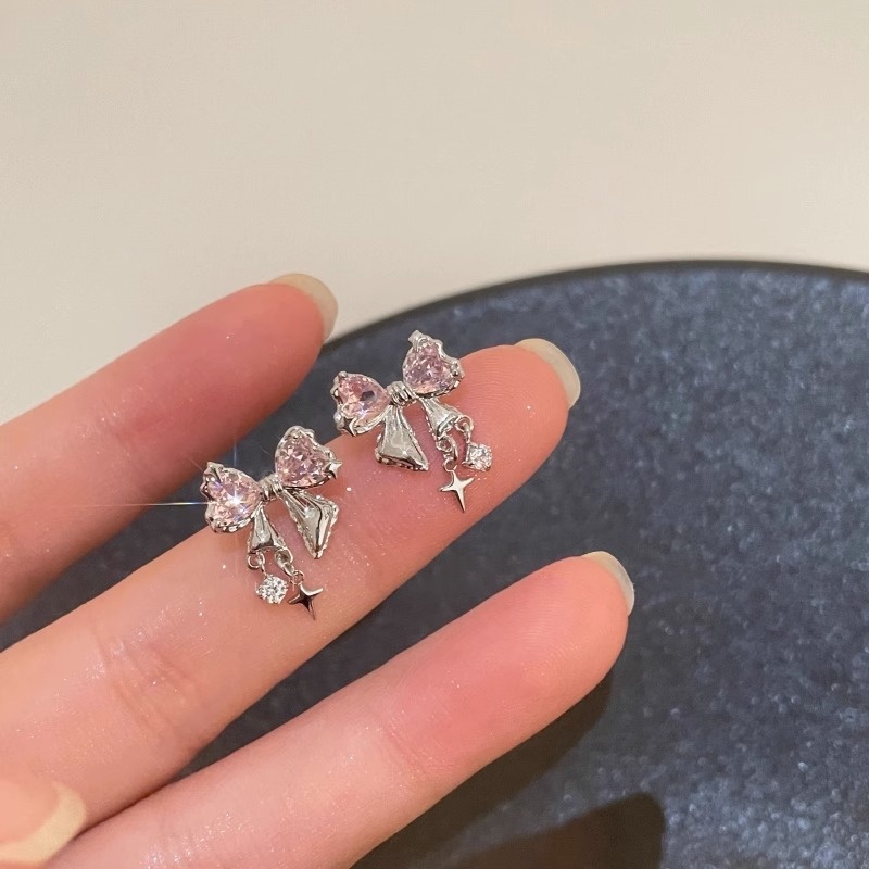 Y2k Bow Kalung Pink Kristal Kupu-Kupu Anting Perak Rings Untuk Wanita Fashion Perhiasan Aksesoris