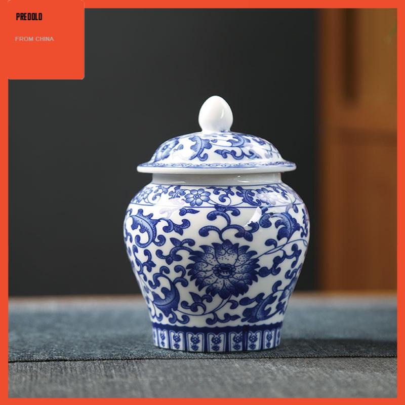 [Predolo] Vas Toples Candi Porselen Biru Dan Putih Dengan Tutup Potongan Aksen Rumah Halus