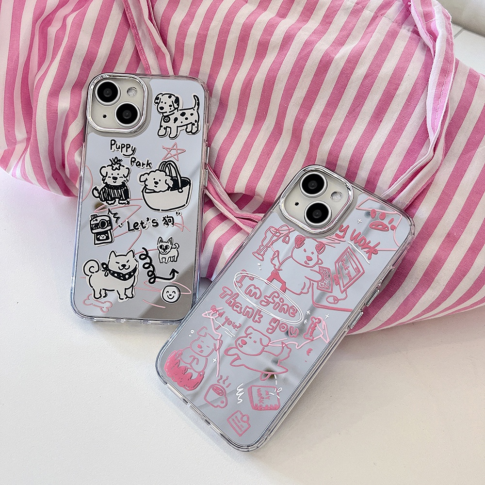 Korea Puppy Dog Makeup Mirror IPhone Case Kompatibel Untuk Iphone11 14 Pro Max Casing Ip13 Pro Max Iphone12 Case Lembut TPU Belakang Ponsel Cover