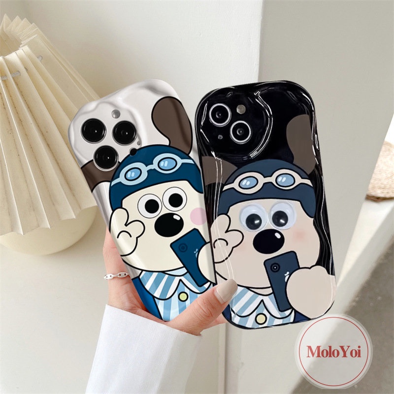 IPHONE Casing Belakang Airbag Glossy 3D Wavy Curved Edge Kompatibel Untuk Iphone11 12 13 14 Pro Max 6 8 6s 7plus XR XS X Max SE 2020 Couple Kartun Lucu Anjing Gromit Lembut Tpu Cover