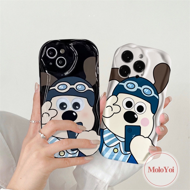 IPHONE Casing Belakang Airbag Glossy 3D Wavy Curved Edge Kompatibel Untuk Iphone11 12 13 14 Pro Max 6 8 6s 7plus XR XS X Max SE 2020 Couple Kartun Lucu Anjing Gromit Lembut Tpu Cover