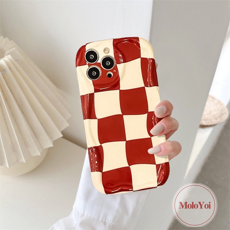 Soft Case 3D Wavy Curved Edge Kompatibel Untuk IPhone XR XS X Max11 14 13 12 Pro Max8 6s 6 7 Plus SE 2020 Checkerboard Kartun Merah Perayaan Tahun Baru Kelinci Lucu Cover