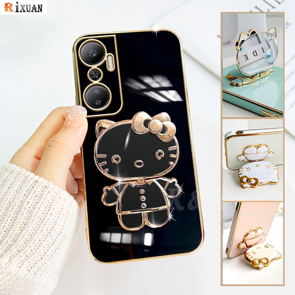 Infinix Hot 20s Hot 30i Hot 12playhot 10panas 11S NFC Hot 11main Hot 10S 10T Smart 4fashion Cermin Rias Kitty Cat Lipat Stand Holder Mewah Plating Karet Soft Cover Rixuan