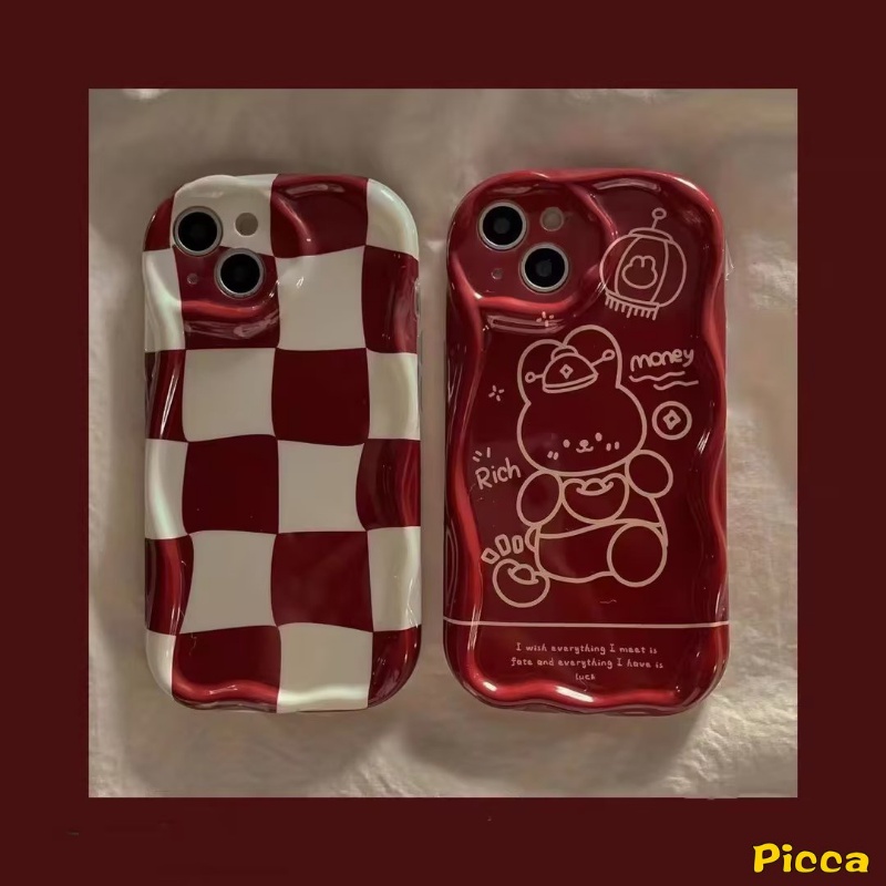 Case Untuk Redmi Note8 10S 9 10 11s 11 12 10Pro Max Redmi 9a1 10 9A 10A 9T A2 10C 9C NFC POCO M3 Kartun Merah Tahun Baru Kaya Kotak-Kotak Kelinci Lucu 3D Wavy Curved Edge Glossy Cover