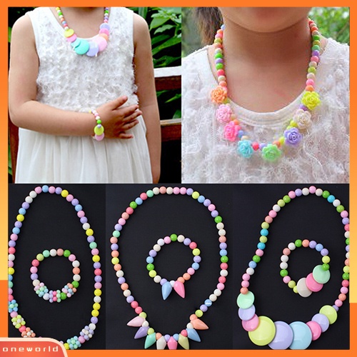 [ONE] Bayi Perempuan Manik-Manik Warna-Warni Kalung Gelang Set Handmade Bunga Perhiasan Hadiah