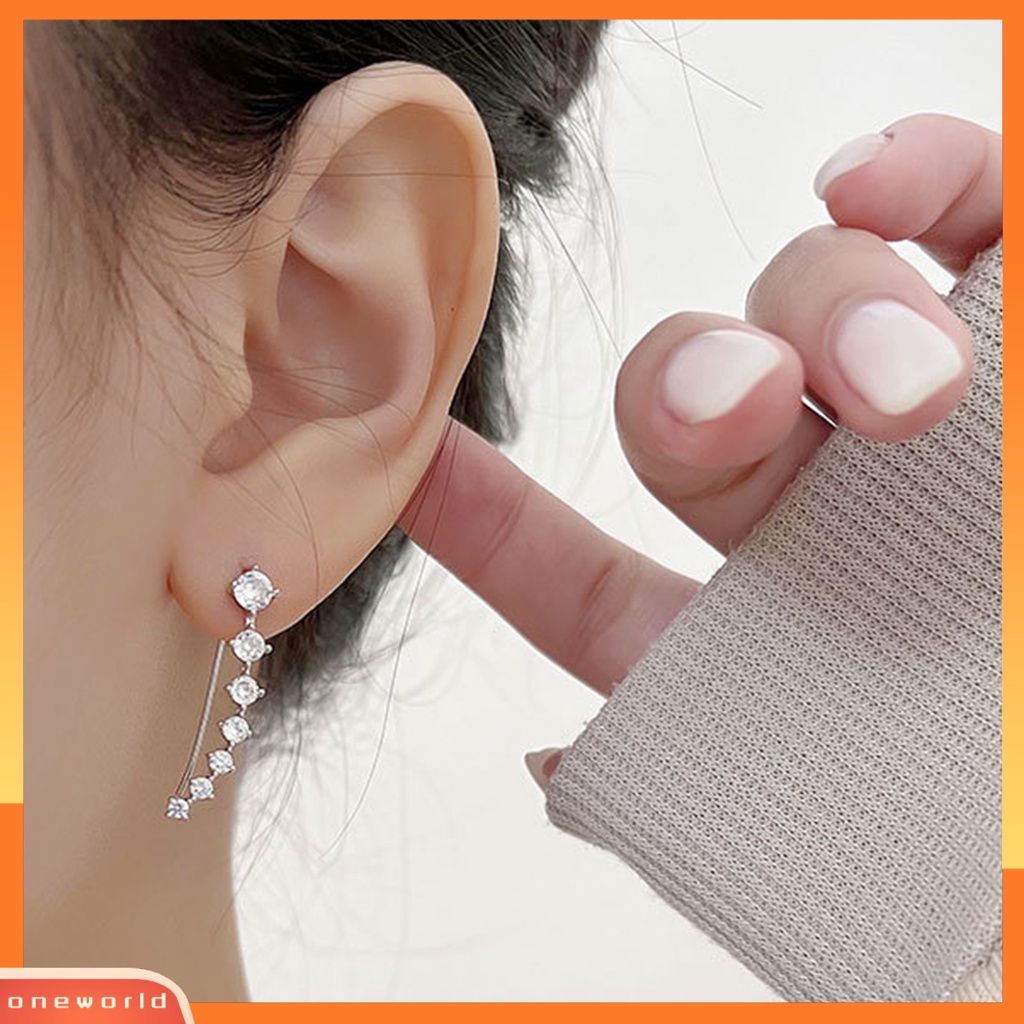[ONE] 1pasang Ear Studs Sparkling Piercing Cubic Zirconia High Gloss Desain Satu Baris Berdandan Tahan Luntur Manset Telinga Fashion Stud Earrings Perhiasan Aksesori