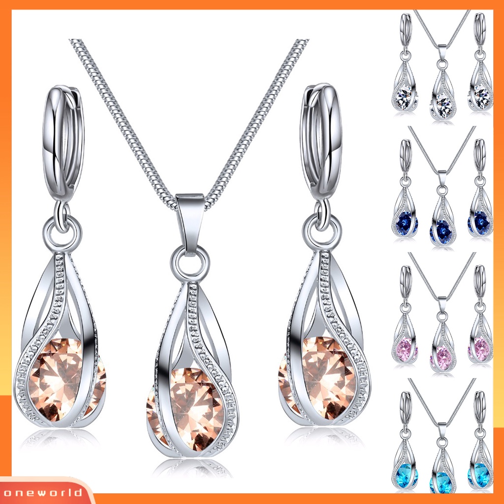 [ONE] 1set Liontin Anting Berlian Imitasi Cubic Zirconia High Gloss Temperamen Geometris Dekorasi Shinyny Fashion Spiral Shaped Kalung Set Wanita Aksesori