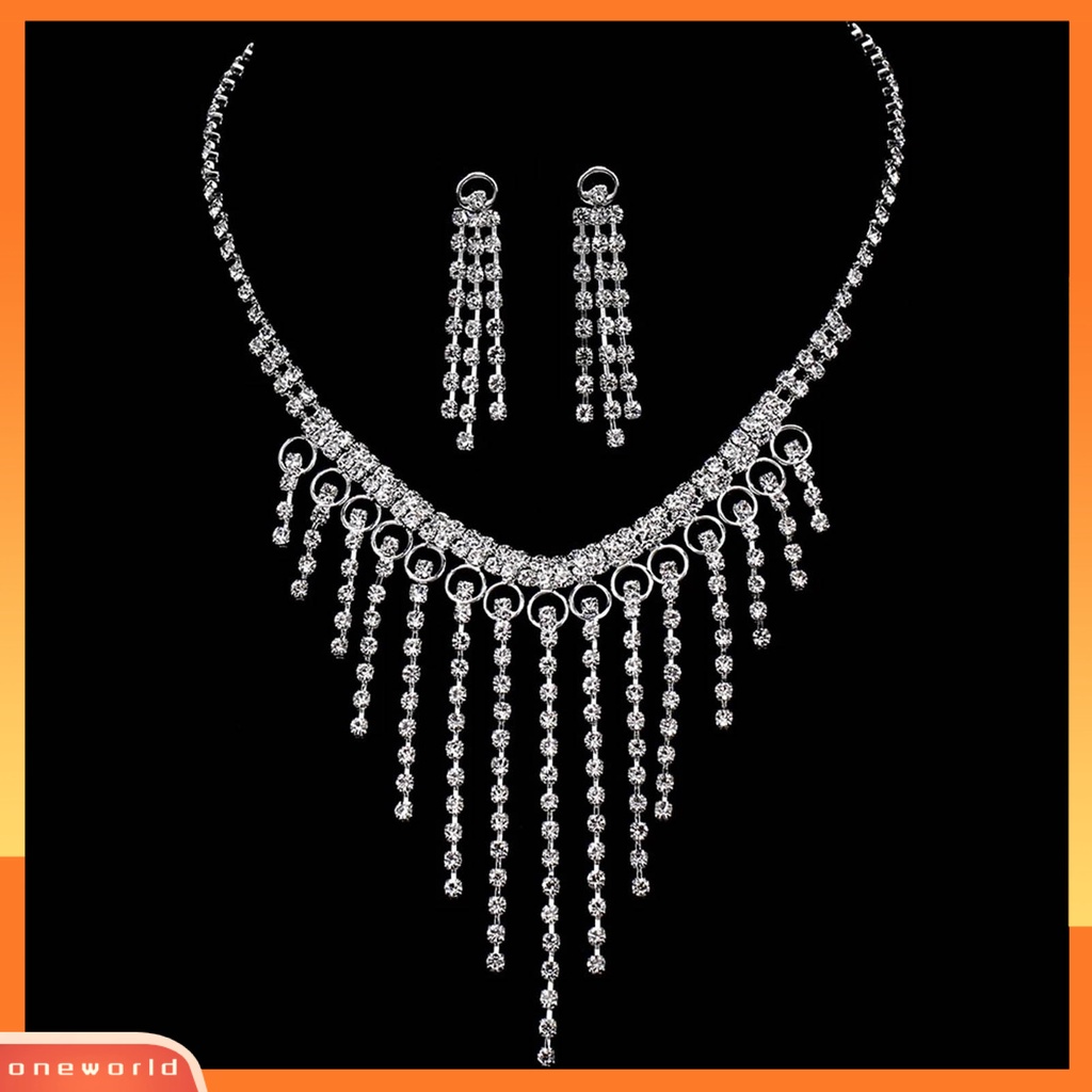 [ONE] 1set Anting Rumbai Berlian Imitasi Bertatahkan Temperamen Pengerjaan Indah Pengerjaan Tinggi Gloss Rumbai Dekorasi Shinyny Makan Berat Wanita Perhiasan Kalung Pernikahan Aksesori