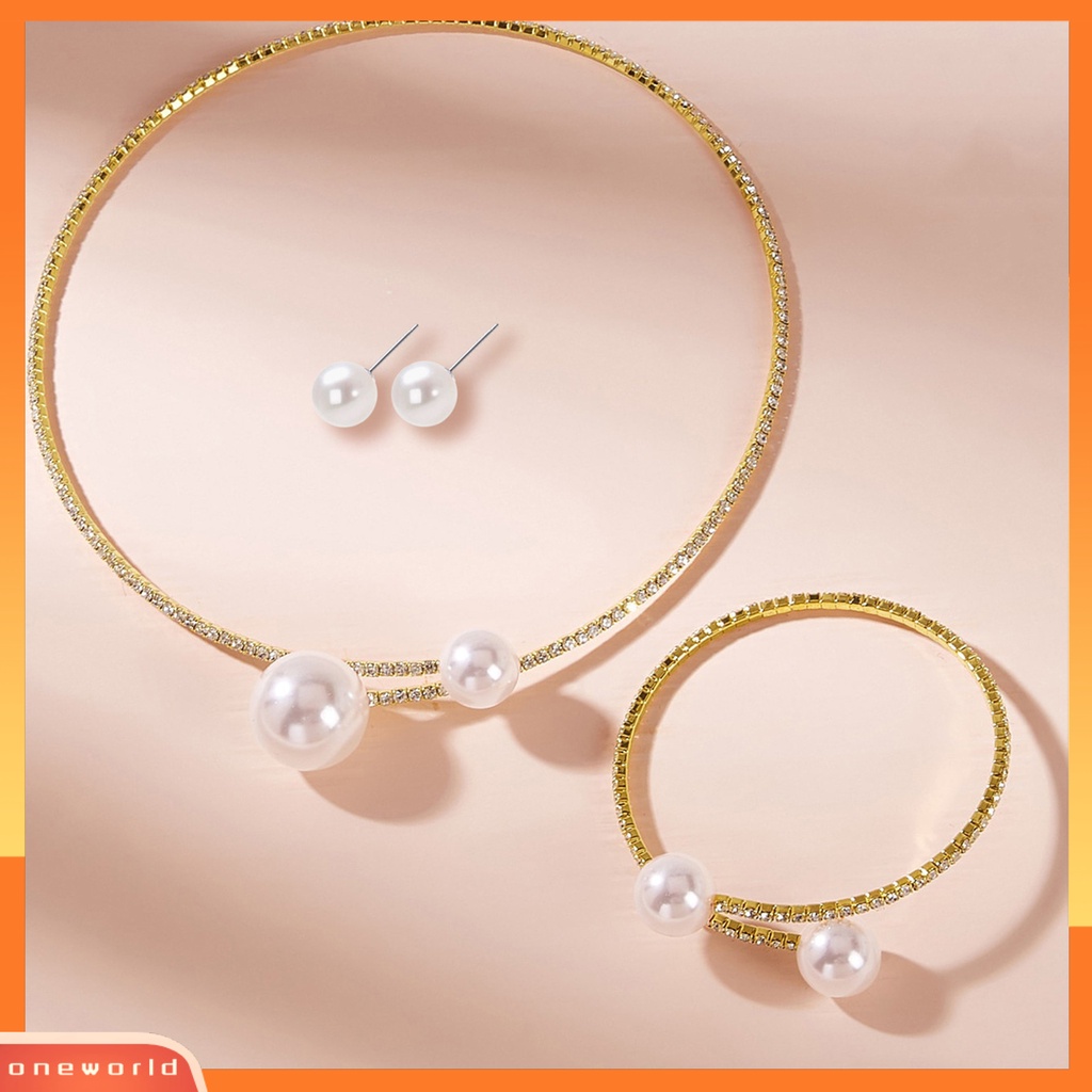 [ONE] 1set Perhiasan Wanita Set Mutiara Imitasi Dipoles Warna Kontras Pembukaan Berlian Imitasi Tubuh Dekorasi Adjustable Ear Stud Klavikula Kalung Perhiasan Set Wanita Perhiasan