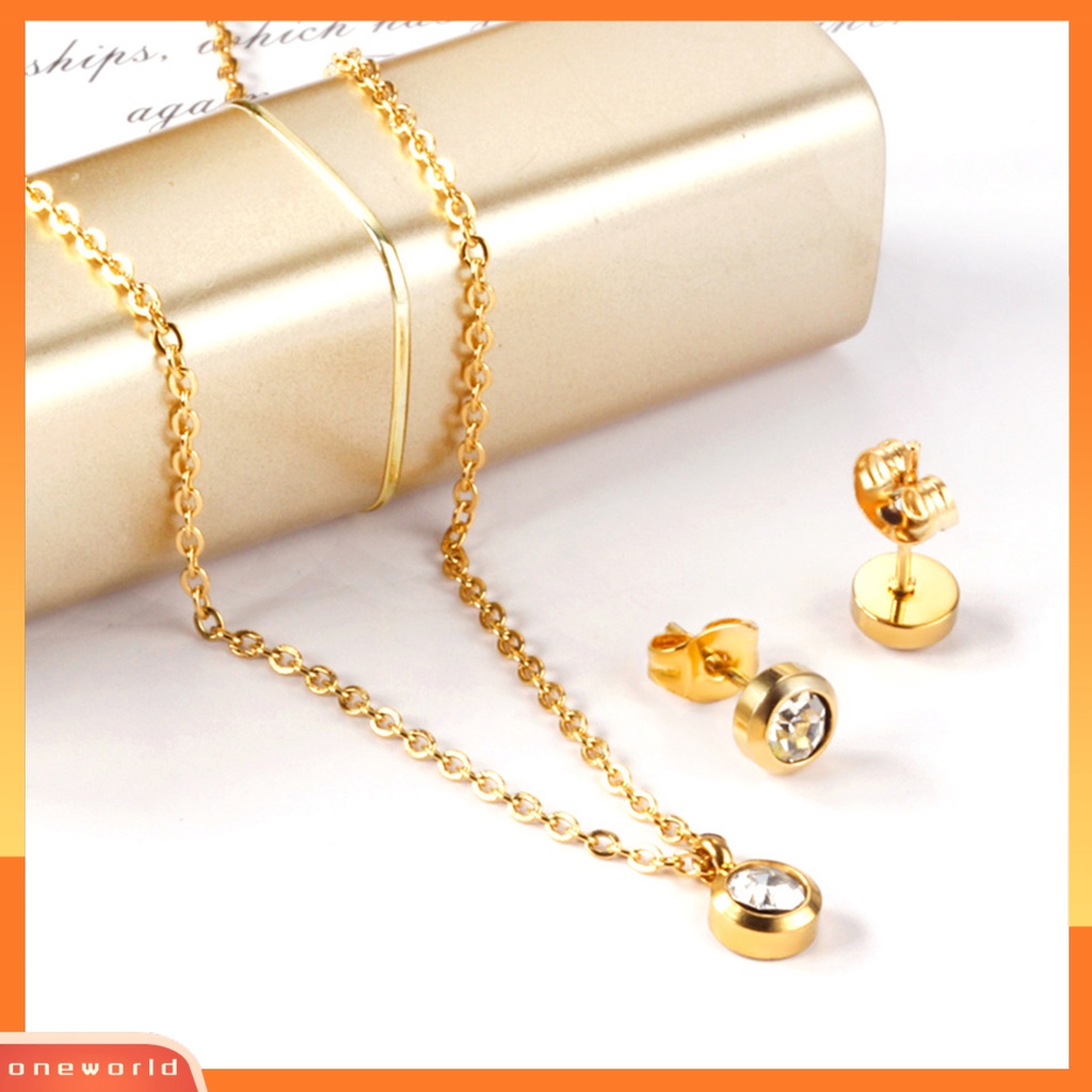 [ONE] 1set Kalung Anting Dengan Gaya Klasik Minimalis Liontin Bulat Set Perhiasan Untuk Wanita Kalung Dan Anting Kristal Imitasi