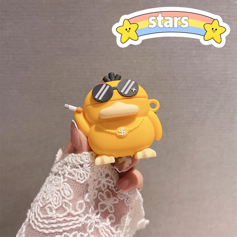 Psyduck Kartun Hip Hop 3D Dengan Rantai Emas Bluetooth Earphone Case Cover Untuk Airpods1 2 3 Pro i12 i10 i13 i9s inpods 12 13 Airpods3 Shockproof Waterproof TWS Protector