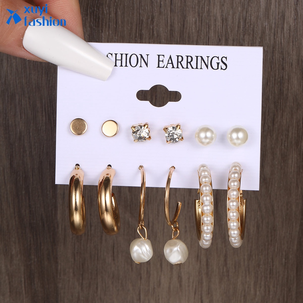 6pasang/set Anting Tetes Mutiara Kristal Anting Hoop Emas Untuk Wanita Fashion Perhiasan Aksesoris