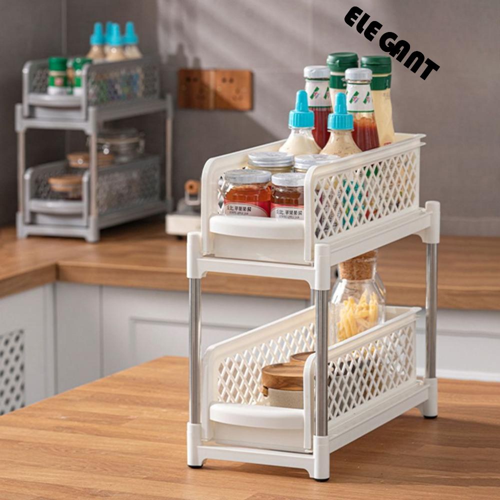 [Elegan] Keranjang Lemari Sliding Portable Praktis Untuk Meja, Desktop Hemat Jarak Organizer Dapur Rak Penyimpanan 2tingkat