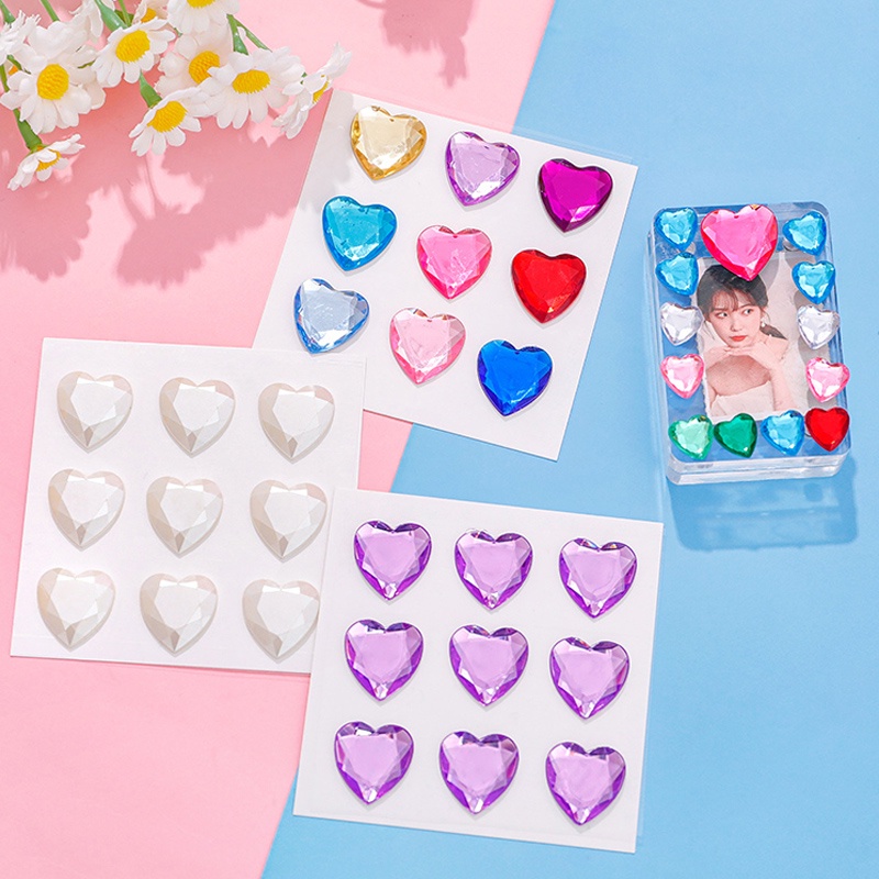 9pcs 3D Cinta Hati Berlian Stiker Gadis Indah DIY Shiny Gemstone Stickers